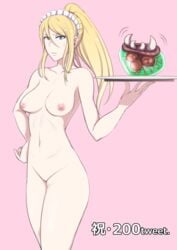 blonde_hair blue_eyes blush breasts female female large_breasts long_hair maid maid_headdress metroid navel nintendo nipples nude plate ponytail samus_aran simple_background solo tied_hair umayahara0130