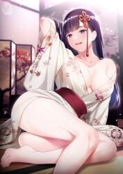 barefoot feet female highres japanese_clothes kimono long_hair looking_at_viewer mato_seihei_no_slave nonude open_mouth panties pantyshot purple_eyes toes underwear yamashiro_ren yukata zaregoto_tsukai_no_deshi