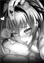 10s 1boy blush breasts cleavage female greyscale hair_between_eyes hair_intakes hair_ornament hand_on_another's_head heart highres licking licking_nipple long_hair male_nipple_licking medium_breasts monochrome naruse_mio nipple_stimulation novel_illustration official_art ookuma_(nitroplus) shinmai_maou_no_testament toujou_basara