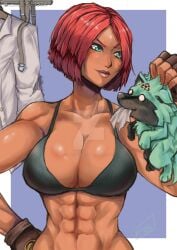 1dog 1girls abs artist_signature big_breasts bikini_top black_bikini black_bra black_lingerie blush bob_cut brazilian brazilian_female dark-skinned_female dark_skin deviantart_url deviantart_username female giovanna_(guilty_gear) gloves green_eyes green_fur guilty_gear hand_on_hip holding_animal lingerie lingerie_bra lipstick looking_at_animal luisocscomics mommy muscular muscular_arms muscular_female puppy red_hair rei_(guilty_gear) round_breasts shiny_lips shiny_skin short_hair signature sports_bra tan_skin tan_skinned_female tanned tanned_female tanned_skin teal_eyes thick_breasts thick_lips twitter_username watermark