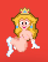 1girls blonde_hair completely_nude_female crown female female full_body long_hair mario_(series) muymal nintendo nude_female pixel_art princess_peach red_background simple_background super_mario_world white_gloves