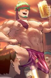 3boys abs bara beer_mug bulge commission cup erection erection_under_clothes fire_emblem fire_emblem:_the_blazing_blade green_hair hair_between_eyes headband holding indoors large_pectorals lowen_(fire_emblem) male_focus male_underwear mature_male mug multiple_boys muscular muscular_male navel nipples open_mouth pectorals pink_male_underwear red_headband short_hair smile underwear zink_(zink_mchn)