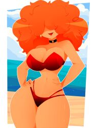 1girls afro big_breasts big_hair bikini bikini_bottom bikini_top bottomwear breasts cleavage ear_piercing earrings female female_only hair hair_over_eyes hands_on_hips hips huge_breasts lips lipstick mature mature_female mature_woman neckwear orange_hair powerpuff_girls red_bikini red_lips red_lipstick sara_bellum side-tie_bikini solo solo_female swimwear thick_thighs thighs topwear wide_hips xan-gelx(xan)