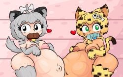 2girls anthro anthrofied big_breasts blush female fish_bone fishbone food fur furry heart huge_belly looking_at_viewer minecraft nipples ocelot_(minecraft) pale_wolf_(minecraft) pet petplay pov steak struggling_prey thick_thighs vore vore_belly wolf_(minecraft)
