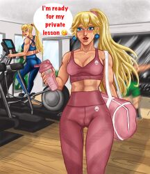 1boy 2girls blonde_hair blue_eyes blush cameltoe company_connection crossover english_text female gym indoors jannet01 lipstick little_mac male mario_(series) metroid multiple_girls princess_peach punch_out red_lipstick samus_aran self_upload speech_bubble sports_bra standing sweat text yoga_pants zero_suit_samus