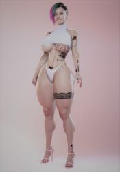 3d audrix crotch_tattoo cyberpunk_2077 high_heels huge_breasts judy_alvarez solo_female toned_female underboob