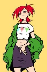 1girls blush cartoon_network choker crop_top earrings foster's_home_for_imaginary_friends frankie_foster fully_clothed hand_on_belly henriiku_(ahemaru) jacket jacket_open looking_at_viewer ponytail shirt sketch skirt solo solo_focus standing