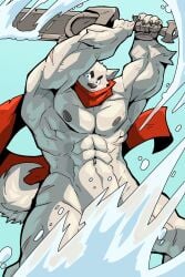 abs abstract_background anthro bara blue_eyes bruno_(ceehaz) canid_humanoid canine ceehaz convenient_censoring dog_knight_rpg male male_only melee_weapon muscular muscular_male nordic_sled_dog nude red_clothing samoyed scarf scars snow solo_male sword tagme white_fur