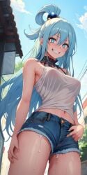 1girls ai_generated aqua_(konosuba) background bare_shoulders blue_eyes blue_hair blue_shorts blush blushing_at_viewer booty_shorts bottom_view breasts breasts_visible_through_clothing choker clothed clothing cum cum_drip cum_dripping denim denim_shorts detailed_background doctork elbows female female_focus female_only from_below hair hair_ornament hair_ribbon hair_ring kono_subarashii_sekai_ni_shukufuku_wo! leaking_cum looking_down looking_down_at_viewer medium_breasts outdoors outside pov_eye_contact public purple_choker shorts shoulders smiling smiling_at_viewer sweat sweatdrop sweatdrops sweating sweaty sweaty_body tank_top viewed_from_below white_tank_top white_topwear