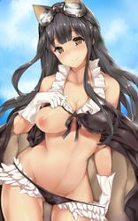 animal_ears bikini bikini_lift bikini_pull black_bikini black_hair blush breast_slip breasts cape cat_ears day eyebrows eyebrows_visible_through_hair female frilled_bikini frills front-tie_top gloves goggles goggles_on_head granblue_fantasy heart heart-shaped_pupils hidebuu jessica_(granblue_fantasy) large_breasts lifted_by_self long_hair looking_at_viewer nipples one_breast_out shirt_lift sky smile solo swimsuit symbol-shaped_pupils white_gloves