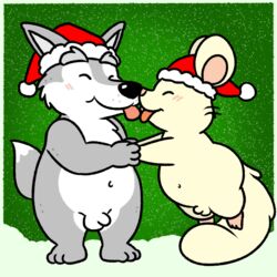 age_difference animal_genitalia anthro balls black_nose blush canine christmas closed_eyes duo elder eyebrows fur hamster happy hat holidays kissing licking male male_only mammal mature_male navel nishi nude oxynard penis rodent santa_hat sheath simple_background small_penis tongue tongue_out whiskers wolf wulf_ellis