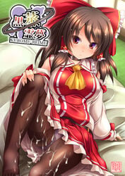 akatsuki_shimeji ascot black_legwear bow breasts brown_hair choker cover cover_page cum cum_on_body cum_on_clothes cum_on_lower_body female hair_tubes hairbow large_breasts long_hair long_sleeves looking_at_viewer panties panties_under_pantyhose pantyhose red_bow red_eyes reimu_hakurei sitting solo thighband_pantyhose touhou underwear wide_sleeves yin_yang