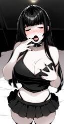 1girls ahe_gao ai_generated bedroom bedroom_background belly_button black_clothing black_crop_top black_fingernails black_hair black_lipstick black_miniskirt blush choker closed_eyes crop_top drey911 eyeliner fringe goth goth_girl gothic gripping_breasts hair_over_breasts hair_over_shoulder hand_in_mouth holding_breast large_breasts leggings lipstick long_hair mascara miniskirt novelai painted_nails pleased_expression pleasure_face pleasured post_transformation red_eyeshadow round_breasts sensitive sensual shiny_lips spiked_choker spiked_collar thick_thighs tongue_out white_skin white_skinned_female