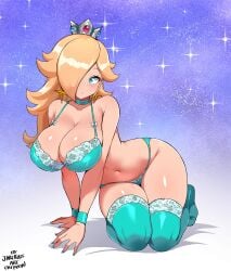 1girls bare_shoulders blonde_hair blue_bra blue_choker blue_eyes blue_panties blue_thighhighs blush bra breasts choker cleavage closed_mouth crown earrings female hair_over_one_eye highres jarckius jewelry lace lace-trimmed_bra lace-trimmed_panties lace_trim large_breasts lingerie long_hair looking_at_viewer mario_(series) navel nintendo panties princess_rosalina rosalina solo star_(symbol) star_earrings stomach super_mario_galaxy thighhighs underwear wrist_cuffs