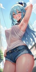 1girls ai_generated aqua_(konosuba) armpit armpit_fetish armpits arms_behind_back arms_up ass ass_focus background bare_shoulders big_ass big_butt blue_eyes blue_hair blue_shorts blush blushing_at_viewer booty_shorts bottom_view breasts breasts_visible_through_clothing choker clothed clothing cum cum_drip cum_dripping cum_on_armpit cum_on_armpits denim denim_shorts detailed_background doctork elbows female female_focus female_only from_below hair hair_ornament hair_ribbon hair_ring kono_subarashii_sekai_ni_shukufuku_wo! leaking_cum looking_down looking_down_at_viewer medium_breasts outdoors outside pov_eye_contact public purple_choker shorts shoulders side_view sideboob smiling smiling_at_viewer sweat sweatdrop sweatdrops sweating sweaty sweaty_body tank_top thick thick_ass viewed_from_below white_tank_top white_topwear