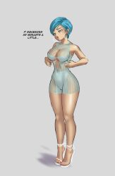 baby_blue_clothing baby_blue_hair blue_eyes blue_hair blush bodycon bodycon_dress bodypaint breasts bulma_briefs cleavage clothing_cutout covered_navel dragon_ball dragon_ball_z earrings english_text female female_only front_view full_body grey_background heels high_heels hoop_earrings jewelry jumpsuit large_breasts leg_focus legs light_blue_hair linkartoon long_legs milf minidress narrow_waist navel_cutout orange_nails orange_toenails pussy_peek revealing_clothes scantily_clad see-through_clothing short_hair short_hair_female simple_background skintight skintight_dress standing stiletto_heels subtle_pussy tan_skin text thick_thighs thighs tight_clothing transparent_clothing white_earrings white_heels wide_hips