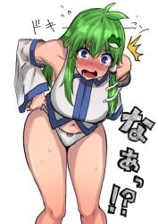 absurdres ahoge bare_shoulders bent_over blue_eyes blush breasts commentary_request cowboy_shot detached_sleeves dressing embarrassed female frog_hair_ornament green_hair hair_ornament highres kochiya_sanae large_breasts legs long_hair looking_at_viewer midriff_peek navel no_pants open_mouth panties sanae_kochiya sen_(daydream_53) shirt simple_background sleeveless sleeveless_shirt sweat thighs touhou underwear v-shaped_eyebrows white_background white_panties white_shirt