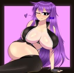 big_breasts breasts doki_doki_literature_club fingerless_gloves gothtrishy heart huge_breasts jacket jacket_open large_breasts legwear long_hair messy_hair nail_polish open_jacket purple_hair shorts squish thick thick_thighs thighs wink winking winking_at_viewer yuri_(doki_doki_literature_club)