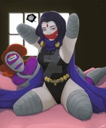 2d 2d_(artwork) amputee bondage bound dc dc_comics female female_focus female_only looking_at_viewer petplay raven_(dc) starfire submissive submissive_female tape tape_bondage