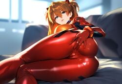 ai_generated ass asuka_langley_sohryu blue_eyes bodysuit licking_lips long_hair lying_on_side naughty_face neon_genesis_evangelion orange_hair presenting red_bodysuit sayuai spread_pussy