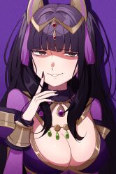 1girl 1girls alternate_costume black_eyes black_hair black_nails blunt_bangs bracelet breasts cleavage cleavage_cutout clothing_cutout commentary_request eyelashes fire_emblem fire_emblem_awakening gmais2514 grey_eyes hand_on_own_chin highres jewelry large_breasts long_hair nintendo purple_background simple_background smile solo tassel teeth tharja_(fire_emblem) tiara two_side_up upper_body