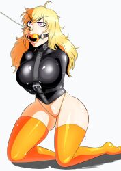 ball_gag big_breasts big_thighs blonde_hair bondage bound chains female female_only femsub gag greenleona latex latex_bondage latex_straitjacket leather long_hair nose_piercing nose_ring panties piercing rwby shiny_clothes stockings straitjacket thick_thighs thighhighs yang_xiao_long