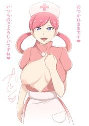 1girls apron blue_eyes bouncing_breasts breasts breasts_out female female_only hat heart human nintendo nipples nurse nurse_cap nurse_joy one_breast_out pink_hair pokemon short_hair smile solo text translated umayahara0130 undressing