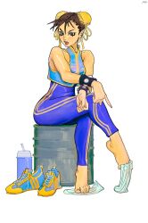 1girls bare_shoulders barefoot chun-li feet female female_only foot_fetish fully_clothed labslider sock socks_removed solo street_fighter street_fighter_alpha surprised_expression