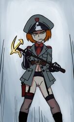 1girls boots bottomless branding_iron cigarette cigarette_in_mouth clouded_eyes facial_scar female female_only garter_belt gloves gray_eyes green_eyes gun gun_holster looking_at_viewer military_cap military_hat military_jacket military_uniform nancy_lew_(oc) nylons pale_skin red_hair scar scar_across_eye scar_on_face solo_female sooperman soviet stern_expression