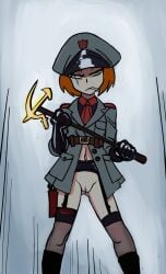 1girls boots bottomless branding_iron cigarette cigarette_in_mouth clouded_eyes facial_scar female female_only garter_belt gloves gray_eyes green_eyes gun gun_holster looking_at_viewer military_cap military_hat military_jacket military_uniform nancy_lew_(oc) nylons pale_skin peaked_cap red_hair scar scar_across_eye scar_on_face solo_female sooperman soviet stern_expression