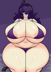 1girls 2024 2d alternate_body_type alternate_breast_size areolae arms_on_breasts belly big_breasts bikini_top bra breasts breasts_bigger_than_head female female_only gr8p_ju1ce grapejuicerulez hands_on_breasts hex_maniac hips_wider_than_shoulders huge_breasts large_breasts looking_at_viewer massive_breasts massive_thighs on_knees panties pokemon purple_bikini purple_bikini_top purple_eyes purple_hair shaded smug smug_face solo tagme thick thick_thighs tight_clothing wide_hips