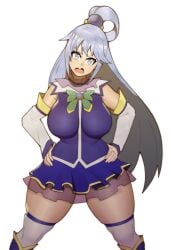 1girls aqua_(konosuba) big_breasts blue_eyes blue_hair doublehero female female_only hands_on_hips kono_subarashii_sekai_ni_shukufuku_wo! looking_at_viewer looking_back skirt solo solo_female solo_focus thick_thighs thighhighs thighs wide_hips