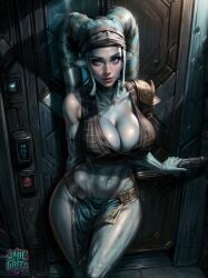 1girls aayla_secura ai_generated alien alien_girl big_breasts blue_skin cleavage fanart jadegretz star_wars twi'lek