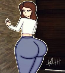 1girls 2024 angelindieart14 big_ass big_butt black_eyes blue_pants brown_hair female huge_ass huge_butt kia_(angelindieart14) korean_female milf signature wall white_blouse white_skin