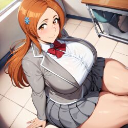 1girls ai_generated alternate_breast_size big_breasts bleach bostin breasts busty curvaceous curvy curvy_body curvy_female curvy_figure female huge_breasts inoue_orihime large_breasts nipples school_uniform sitting skirt solo sweat sweating sweaty sweaty_body sweaty_breasts thick_thighs thighs venus_body voluptuous