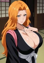 1girls ai_generated bleach breasts clothing collarbone curvy female fingernails grey_eyes huge_breasts indoors kimono looking_at_viewer matsumoto_rangiku midriff mole mole_under_mouth necklace orange_hair shiny_skin smile stable_diffusion standing vizagege