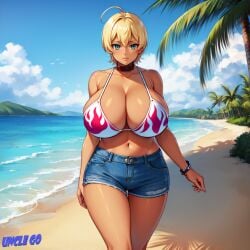 ahoge ai_generated beach big_breasts bikini bikini_top blonde_hair blue_eyes female huge_breasts legs looking_at_viewer minishorts mito_ikumi navel palm_tree self_upload shokugeki_no_souma stable_diffusion tanned tanned_skin unclego walking walking_towards_viewer