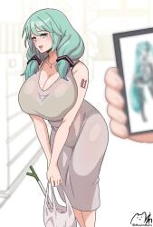 1girls aged_up artist_name big_breasts blue_eyes blue_hair breasts cleavage clothed_female hatsune_miku holding_phone huge_breasts leek light-skinned_female masinmaro milf open_mouth phone phone_screen photo_comparison shopping_bag thick_thighs thighs twintails vegetable vocaloid watermark