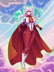 breasts cape elf elf_female female female_only frieren frieren_beyond_journey's_end invincible invincible_(tv_series) medium_breasts omni-man omni-man_(cosplay) red_suit sousou_no_frieren superhero superheroine suvorovsatbo white_hair white_suit