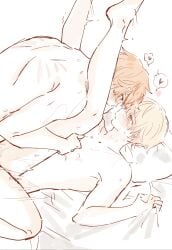 yaoi project_sekai tenma_tsukasa shinonome_akito white_background blushing gay gay_sex gay_male gay_anal anal anal_sex anal_penetration holding_legs holding_head gripping_sheets bed pillow tears_of_pleasure tears heart_symbol thrusting_into_ass thrusting missionary_position spread_legs scratches scratch_marks