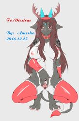 2015 amesho anthro big_breasts blush breasts christmas christmas_outfit collar crouching diesirae dragon female grey_hair hair holidays horn long_hair navel nipples nude pussy red_eyes scalie shy simple_background solo spread_pussy spreading tattoo wide_hips