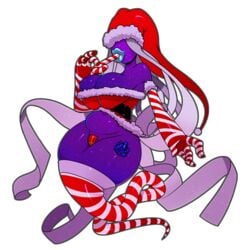 big_breasts breasts candy_cane christmas cleavage female food ghost mario_(series) nintendo paper_mario paper_mario:_the_thousand-year_door purple_skin santa_costume santa_hat shadow_queen smile solo theboogie