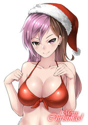 2016 absurdres artist_name bangs bare_arms bare_shoulders bikini blush breasts brown_hair cleavage closed_mouth collarbone dated front-tie_top fur_trim hair_between_eyes hat heterochromia highres large_breasts long_hair looking_at_viewer lulu-chan92 merry_christmas multicolored_hair neo_(rwby) pink_hair red_bikini rwby santa_hat simple_background stomach swimsuit two_tone_hair upper_body white_background