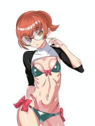 circle_glasses demonical_girl glasses green_bikini green_topwear orange_eyes orange_hair ponytail red_bow tagme