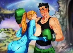 ass battlefield_(super_smash_bros) boxing_gloves breast_press breasts breasts_against_chest breasts_out holding_hands huge_breasts in_love kiss_mark kiss_mark_on_face kiss_marks kissing kissing lipstick lipstick_mark little_mac male metroid mugenillustrations nintendo ponytail punch-out!! punch_out red_lipstick samus_aran seducing seductive super_smash_bros. super_smash_bros._for_nintendo_3ds_and_wii_u text tied_hair zero_suit zero_suit_samus