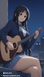 ai_generated black_eyes black_hair city crossed_legs guitar gumi_arts k-on! large_breasts long_hair mio_akiyama_(k-on!) night outdoors sitting solo stable_diffusion thick_thighs uniform