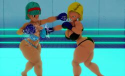 2girls 3d 3d_(artwork) android_18 big_ass big_breasts big_butt blonde_hair blue_boxing_gloves blue_gloves blue_hair boxing boxing_gloves boxing_ring bra breast_punch breasts bulma_briefs bulma_briefs_(frieza_saga) catfight cleavage cross_counter dragon_ball dragon_ball_z duo fat_ass female_focus female_only fight fighting fighting_ring geekboy21 gloves huge_breasts indigo_boxing_gloves indigo_gloves indoors kabalmystic_(style) lace lace-trimmed_bra lace_trim large_ass large_breasts lingerie milf milf_vs_milf panties punch punching punching_breasts punching_face ryona short_hair thick thick_ass thick_thighs thighs