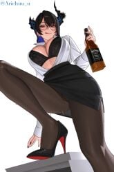 1girls alcohol alcohol_bottle alcoholic_drink arichuu_u_(arichu) artist_name black_bra black_hair black_skirt bra broken_horn clothed clothing desk female female_only glass_bottle glasses heel hololive hololive_english hololive_english_-advent- horns jack_daniel's licking_lips light-skinned_female light_skin looking_at_viewer looking_down nerissa_ravencroft office_lady open_shirt pink_eyes shirt simple_background skirt solo virtual_youtuber whiskey whiskey_bottle white_background white_shirt