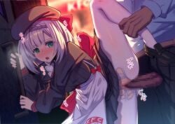 1boy apron black_hat black_pants black_shirt black_shoes blue_shirt blush bow breasts censored dress female genshin_impact green_eyes grey_hair hairbow hat heavy_breathing kfc lao_meng large_variant_set medium_breasts noelle_(genshin_impact) noelle_(kfc)_(genshin_impact) pants pantyhose penis red_bow sex sex_from_behind shirt shoes short_hair standing standing_sex straight vaginal_penetration variant_set white_pantyhose