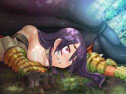 areola black_lilith blush breasts clenched_teeth clothing defeated female monsters monsters_survive_makereba_monster_ni_seishoku_sareru purple_eyes purple_hair tears